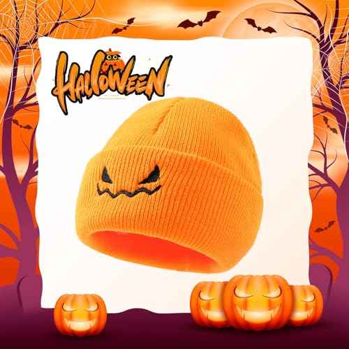 Halloween Pumpkin Knitted Beanie Hat Winter Thick Warm Soft Cute Hat for Halloween Orange