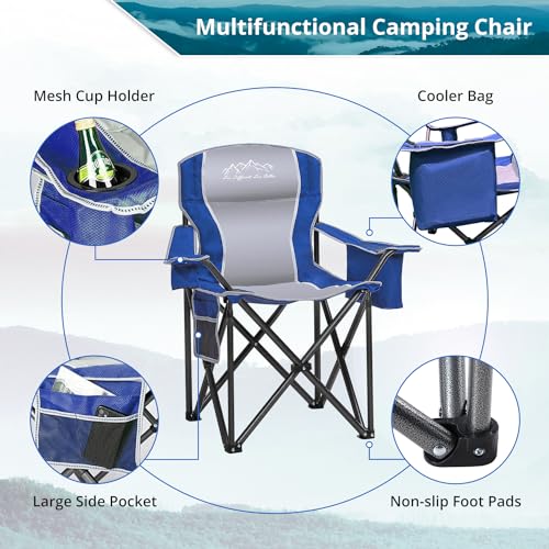 SAILARY Folding Camping Chair, Heavy Duty Portable Lawn Chairs with Cooler Bag, Side Pocket & Cup Holder, Folding Chairs for Outside Support 450lbs Blue