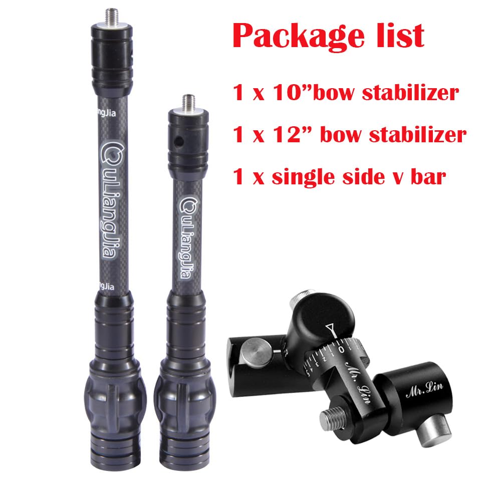SHARROW Archery Bow Stabilizer Kit Carbon Fiber Stabilizer Dampen Weight Single Side V-bar Quick Disconnect for Compound Bow (10"&12")