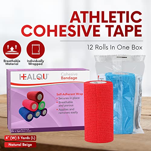 Healqu Self-Adherent Bandage Wrap - 4"x5yd, Box of 12 Rolls, Elastic Medical Tape for Sports & First Aid