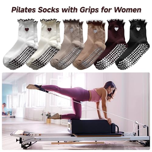 Cotton Pilates Grip Socks for Women - 4 or 6 Pairs Heart-Patterned Yoga Socks with Color Variations