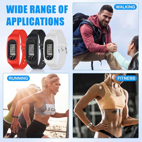 Kenning 3-Pack Walking Pedometer Watch Bracelets with Color Variations - Black, Red, White