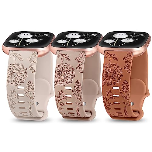 Minyee Floral Engraved Silicone Watch Band for Fitbit Versa 2 - Starlight & Nude & Brown