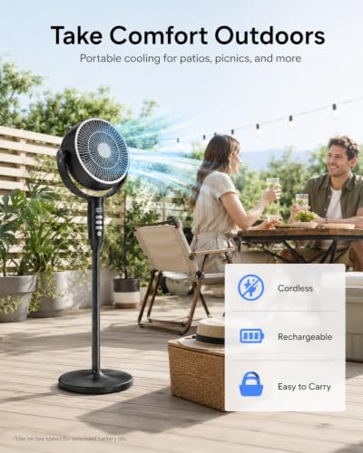 Cordless Rechargeable Pedestal Fan with Remote Control - Black, 12000mAh Battery