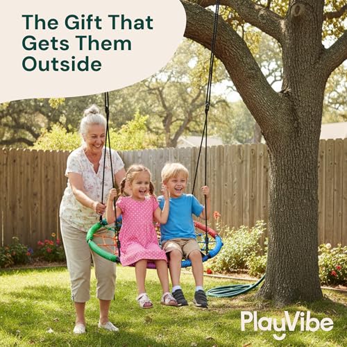 PlayVibe Multicolor Spider Web Tree Swing - 40 Inch Saucer, 440 lb Capacity