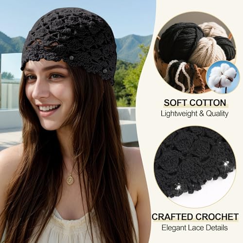 Ababalaya Women's Cotton Crochet Hat Boho Beanie Handmade Knit Skull Caps for All Seasons