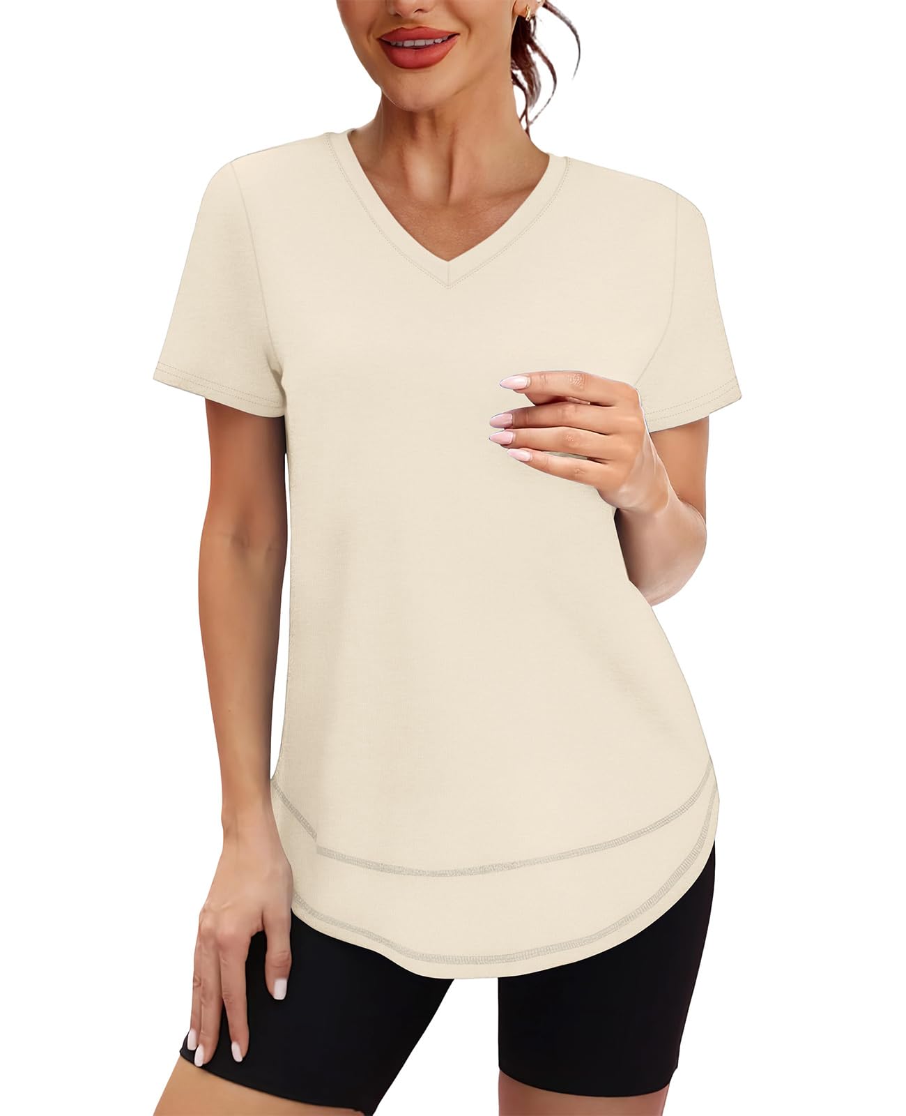 Short Sleeve Shirts for Women Workout Yoga Tops Sun Protection Clothing Summer Outfits Rash Guard Side Slit V Neck White XL