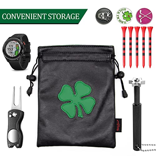 Leather Golf Valuables Pouch with Drawstrings - Black