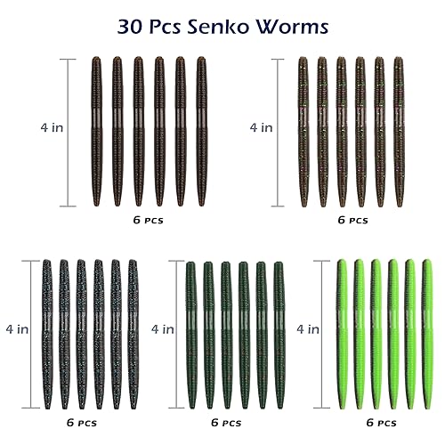 4 Inch 30 Pcs Salt-Impregnated Senko Worms Kit - Mixed Colors for Bass Fishing