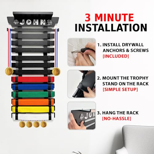 12 Belt Karate Belt Display Rack with Trophy Mount - Bamboo Martial Arts Organizer - Variation of THIS listing