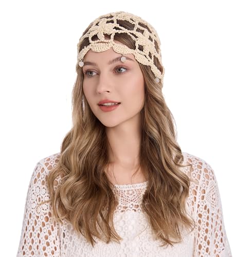 Women Cotton Crochet Skull Cap Beanie Hat - One Size Beige Beads Variation