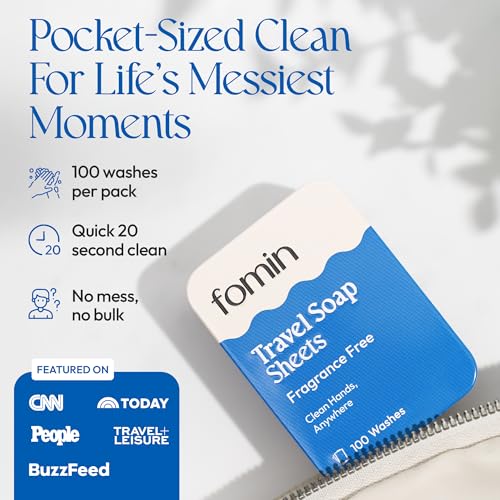 FOMIN - Antibacterial Paper Soap Sheets Tin for Traveling - (100 Sheets) Fragrance Free Portable Travel Hand Soap Sheet, Dissolvable Mini Camping Hand Soap for Hand Washing
