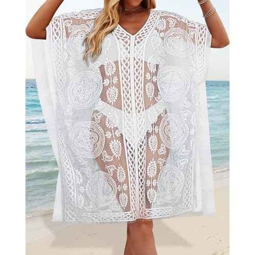Womens Lace Bathing Suit Cover Up V Neck Beach Coverup Summer Swim Coverups Loose Bikini Beach Dress