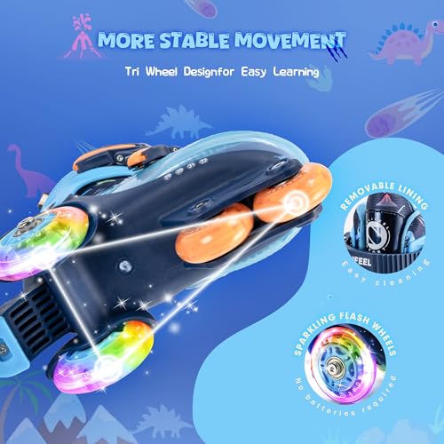 Adjustable Toddler Roller Skates for Girls Boys Kids Dinosaur Blue XS-Small 8C-11C US Light-Up Wheels