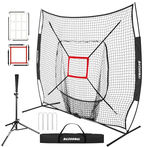 7'¡¿7' Baseball Softball Practice Net,Baseball Backstop,with Batting Tee,for Hitting Pitching Batting Catching with Bow Frame,Bonus Strike Zone