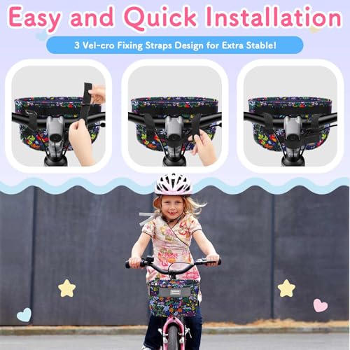 Kids Bike Basket,Bicycle Basket Front, Cute Front Frame Handlebar Bag with Reflective Straps Two Zipper Lip Fit Toddlers Bike Scooter,Waterproof Oxford Cloth Bike Basket for Boys, Girls