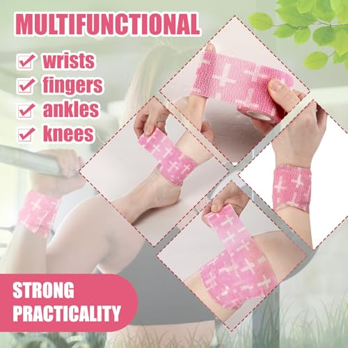 Geiserailie 12 Pack Christian Athletic Tapes 2 Inch x 5 Yards Self Adhesive Bandages Sports Wraps Breathable Elastic Wrap Non Woven Bandage for Wrist, Ankle, Baseball Football(Pink)