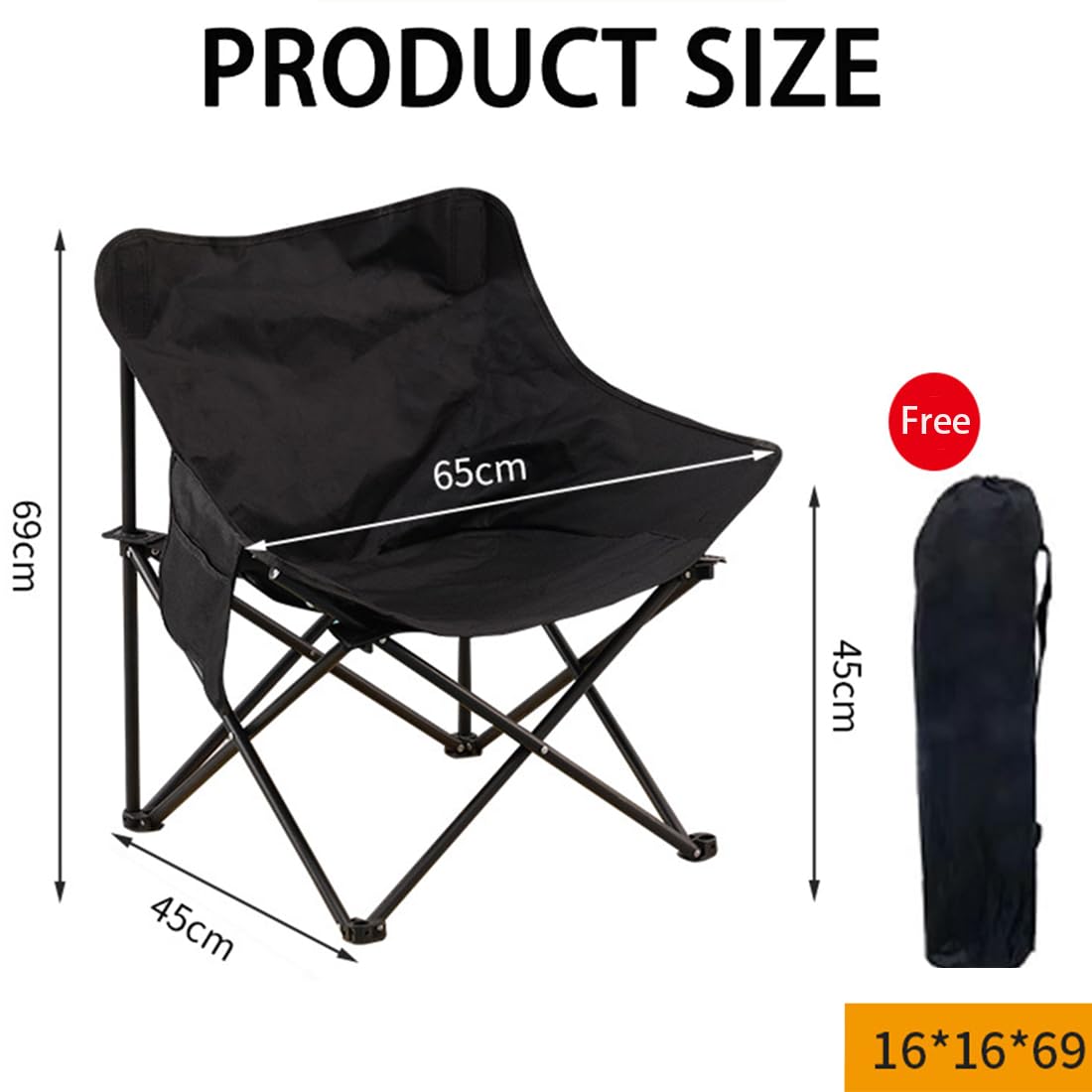Folding Camping Chair, Portable Outdoor Backpacking Chair for Fishing, Hiking, Picnic, Camping, Beach, Lawn, Concert, Ultralight Compact Camping Chair with Carry Bag, 23"D x 14.2"W x 14.2"H (Black)