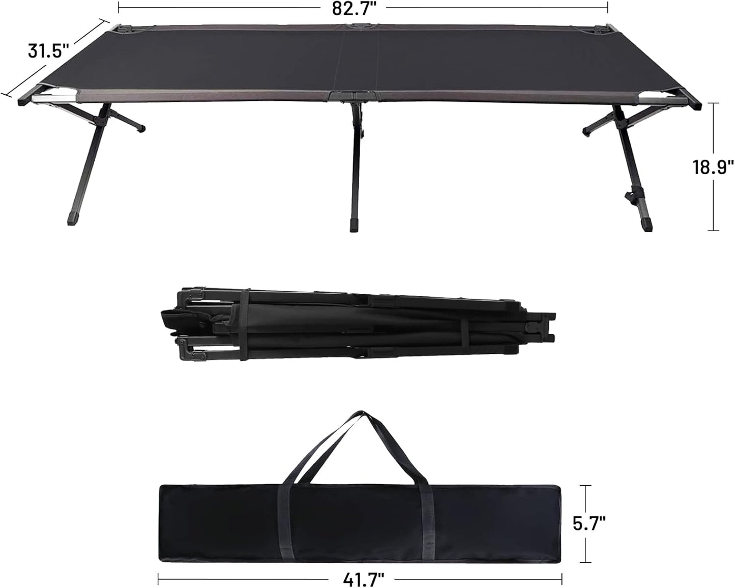PORTAL Folding Portable Camping Cot, Guest Bed with Carry Bag and Side Storage Organizer, Camping Cots for Adults Sleeping, Away Tent Sleeping Cot Bed, Supports 300 LBS, Black