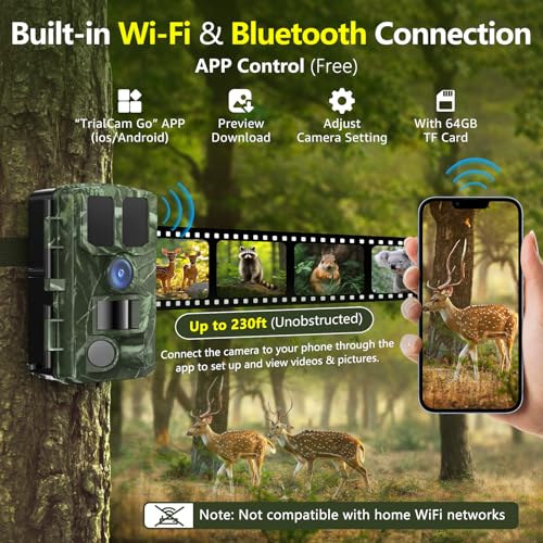 Trail Camera WiFi 4K 48MP Night Vision with 64GB Memory Card
