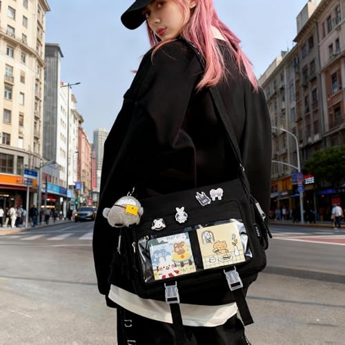 Kawaii Crossbody Ita Bag for Women with Pin & Plush Penguin - Large Black Fit Laptop
