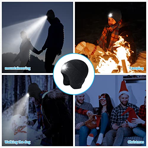LED Beanie with Light - Unisex USB Rechargeable Earflap Hat for Fishing, Jogging, Working - Black Adult