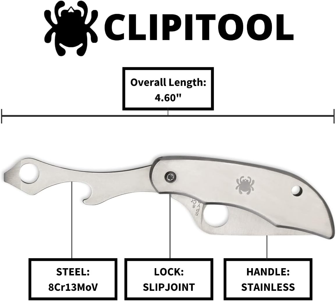 Spyderco ClipiTool Multi-Functional Stainless Steel Utility Pocket Knife with 2" Steel Blade and Screwdriver/Bottle Opener - PlainEdge - C175P