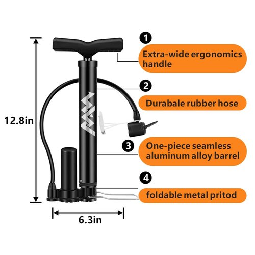 WWJ Manual Bike Tire Pump, Floor Bicycle Air Pump, Compatible Presta Valve Adaptor Portable Floor Pumps for Road Mountain Bikes and Car, Sports Balls High Pressure 140PSI with Tank