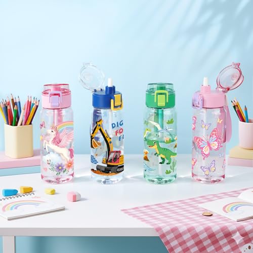 Pink Unicorn Kids Water Bottle 18.6oz BPA-Free Tritan with Handle & Straw