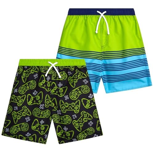 Quad Seven Boys Swim Trunks - 2 Pack Quick Dry Printed Boys Board Shorts Bathing Suit Kids Swimwear with Pockets (Size:8-18)