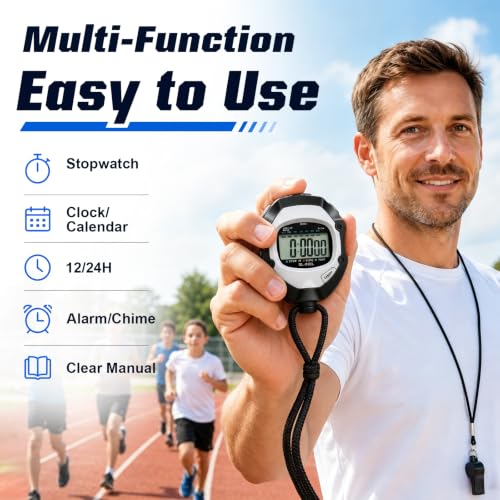 Therivo Black Digital Sports Stopwatch Timer with Large Backlit Display - Lap, Split, 12/24H, Alarm, Calendar for Coaches & Athletes