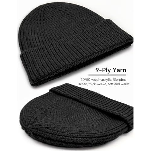 50% Wool Thick Beanie Hat for Men Women, Seamless Winter Knit Skull Cap, Cuffed Fisherman Beanie Warm Trawler Watch Cap