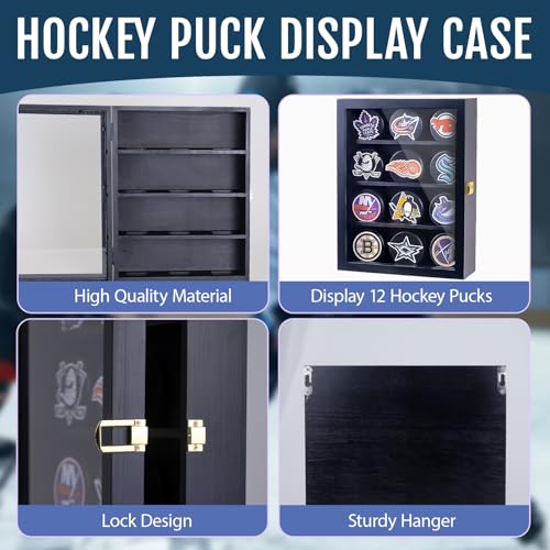 12-Piece Hockey Puck Display Case Wall Mount with Acrylic Door - Wall Decor