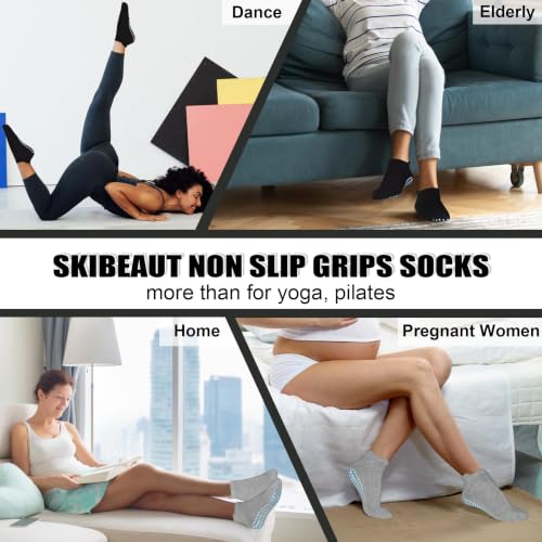 Non Slip Grip Socks for Women - 4 Pairs Yoga Pilates Anti Skid Hospital Socks Black & Gray (Size 5-8) - SkiBeaut