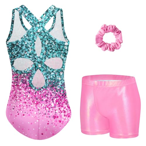 Girls Gymnastics Leotard with Sparkly Shorts and Hollow Back – 4-5T Green Pink