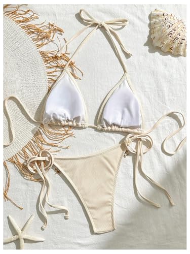 Verdusa Women's 2 Piece Bikini Set Small Beige Halter Triangle Swimsuit