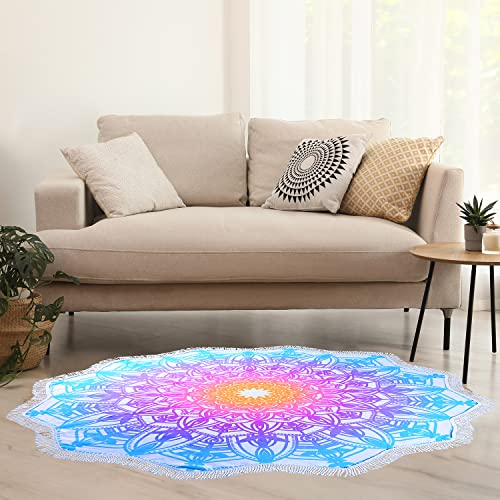Large Boho Mandala Round Beach Towel - Fast Dry, Sand Free, 59 Inch Aqua Blue