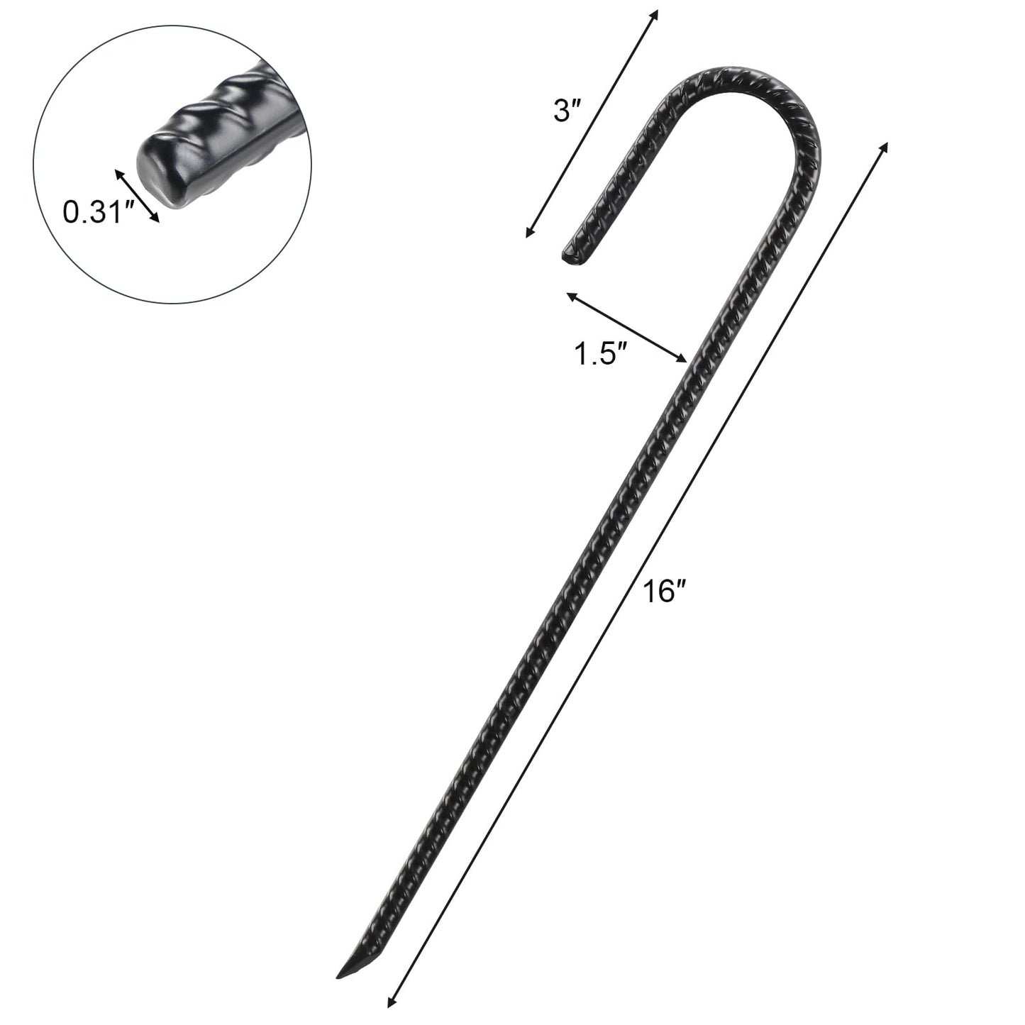 16 Inch Rebar Stakes Heavy Duty, 10 Pack J-Shaped Tent Stakes, Ground Anchor Stakes for Landscaping Plants Fabric Tube Fence, Black