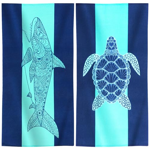 Genovega 2 Packs Oversized Beach Towel Set 36 x 72 in Large Big Pool Camping Swim Clearance Soft Towels Travel Essentials Accessories Must Haves Vacation Necessities Adult Gifts Shark Turtle