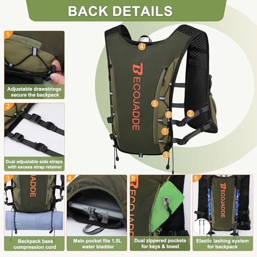 Olive Green 5L Running Vest Hydration Backpack for Men Women, Lightweight Marathon & Trail Pack