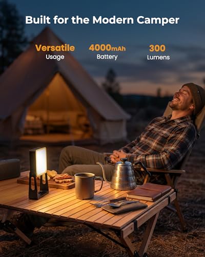 Black Portable LED Camping Light with 3 Modes, Dimmable, 4000mAh Rechargeable Lantern with 360° Rotatable Stand, 2-in-1 Emergency Flashlight for Hiking, Home Power Outages