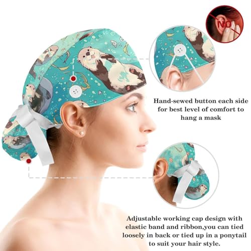 Scrub Caps Women, Adjustable Surgical Caps with Ponytail Pouch, Working Cap with Bow Hair Scrunchy, Bouffant Hat with Buttons, Otter Ocean Animal Cartoon Cute Turquoise