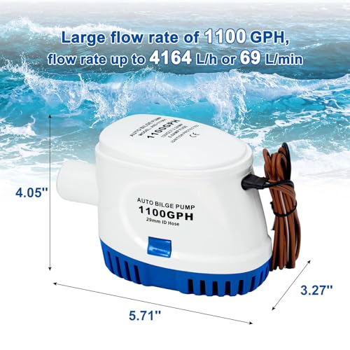 Automatic 1100GPH Bilge Pump for Boats - 12V, 1-1/8" Outlet, Float Switch