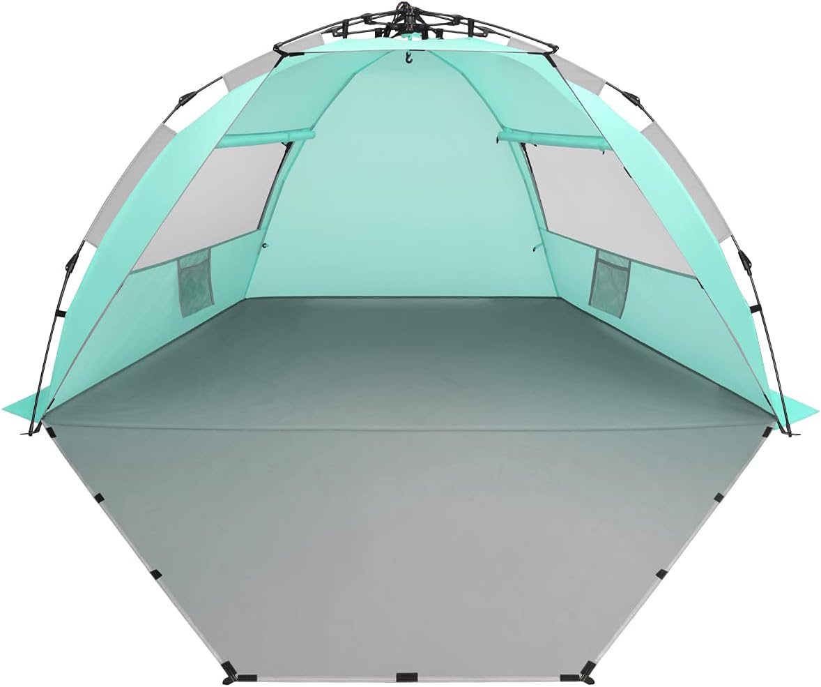Oileus X-Large 4 Person Beach Tent Sun Shelter - Portable Sun Shade Instant Tent for Beach with Carrying Bag, Stakes, 6 Sand Pockets, Anti UV for Fishing Hiking Camping, Waterproof Windproof, Orange