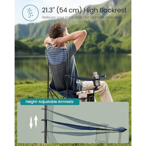 SONGMICS Breathable Camping Chairs, Foldable Outdoor Chairs Set of 2, High Back, Adjustable Armrests, Drink Holder, Weight Capacity 330 lb, for Sports Garden Backyard, Harbor Blue UGCB028Q01