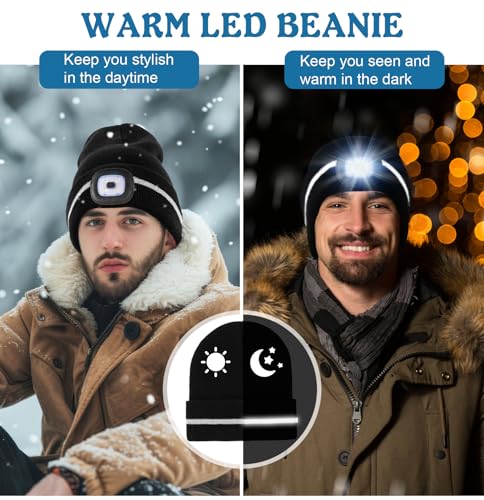Reflective Stripe Beanie with Light - Warm Outdoor Hat (Black)
