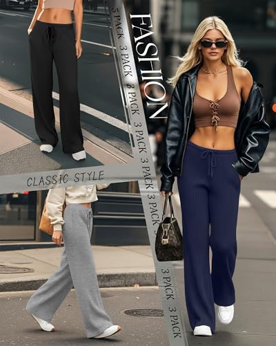 Women's Ribbed Knit Wide Leg Pants - Black, Gray, Navy (3 Pack, Large)