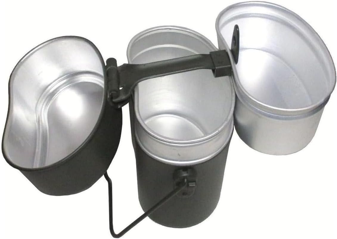 MIL-TEC German Style Gray Aluminum Mess Kit | Three-Part Portable Military Mess Tin with Clap Frame | Ideal for Camping, Hiking, Outdoor Cooking | Height: 6.5", Width: 4.25", Weight: ca. 16 oz.