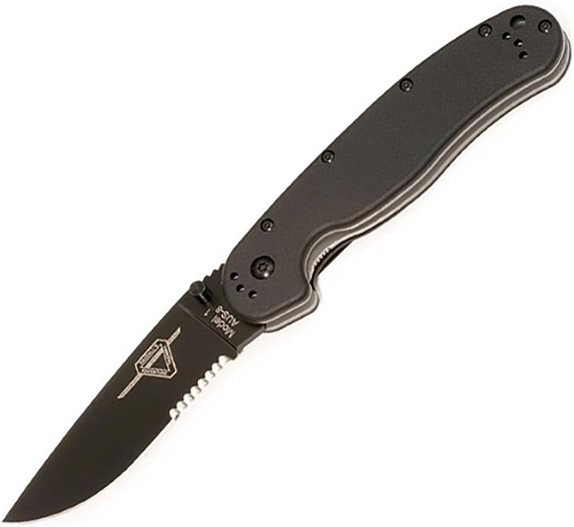 Ontario Knife Company Rat I, Black Coated AUS-8 Stainless Steel Half Serrated Folding Pocket Knife, Black Nylon Handle Liner Lock Knife, Everyday Carry Knife – ON8847