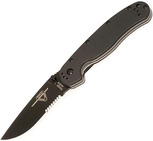 Ontario Knife Company Rat I, Black Coated AUS-8 Stainless Steel Half Serrated Folding Pocket Knife, Black Nylon Handle Liner Lock Knife, Everyday Carry Knife – ON8847